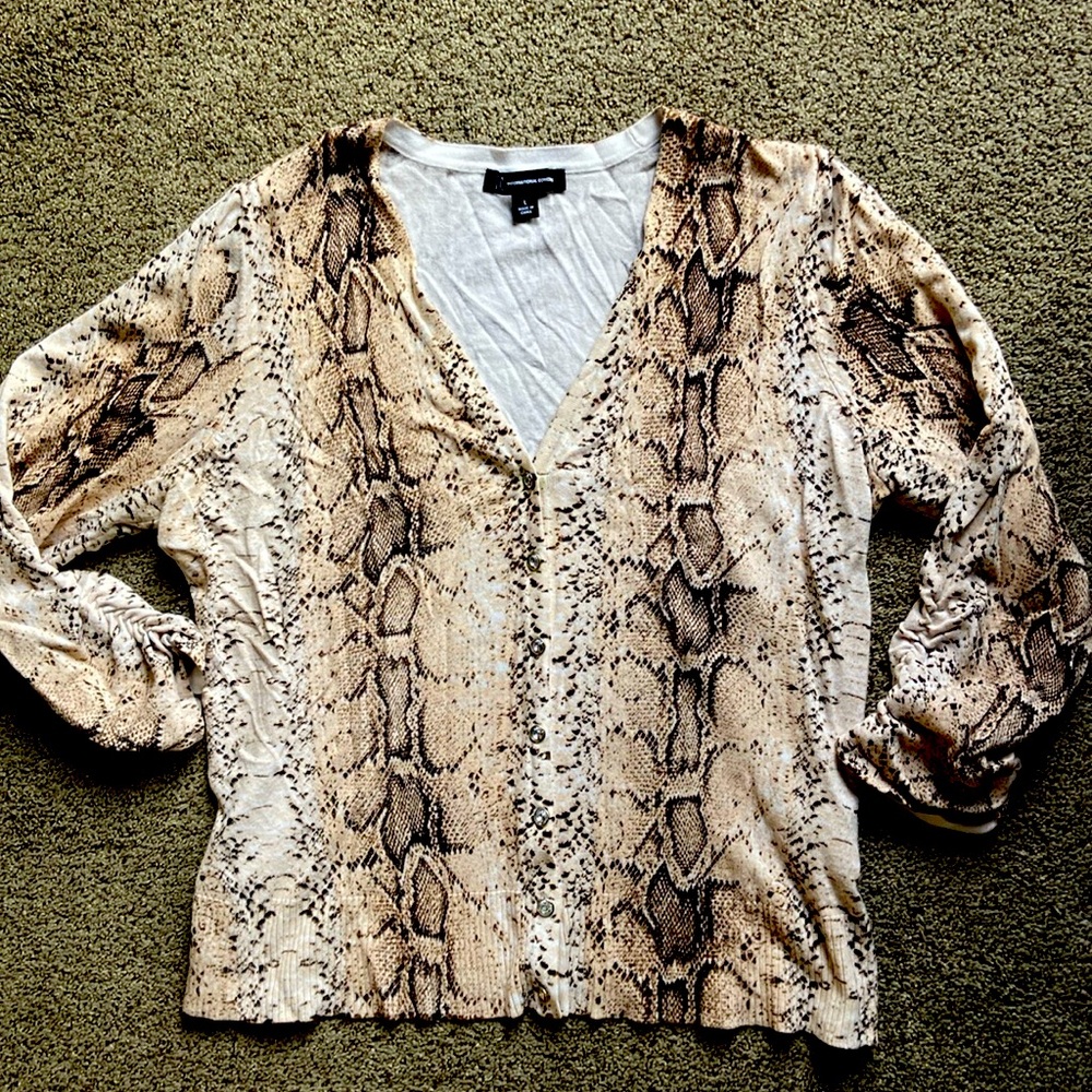 INC International Concepts snakeskin print cardigan sweater rhinestone button L